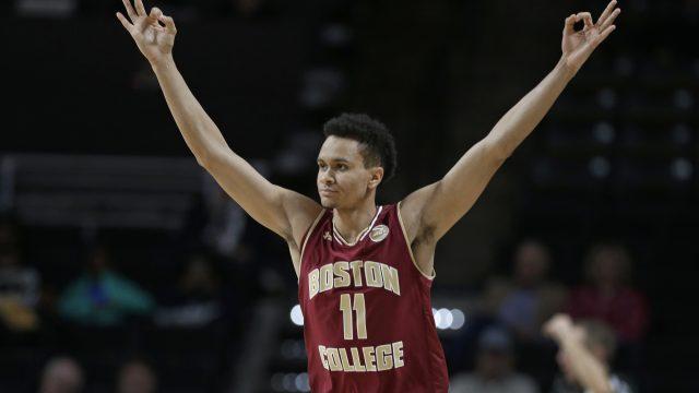Boston College's A.J. Turner (11) reacts to making a three point basket against Wake Forest in the first half of an NCAA college basketball in Winston-Salem, N.C., Tuesday, Jan. 3, 2017. (AP Photo/Chuck Burton)