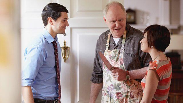 TRIAL &amp; ERROR -- Pilot -- Pictured: (l-r) Nicholas D'Agosto as Josh, John Lithgow as Larry, Krysta Rodriguez as Summer -- (Photo by: Tyler Golden/NBC)