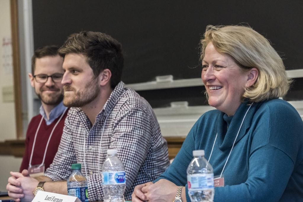 Photo coverage of the Endeavor Program for 2018, run by the Career Center. Photographed for marketing purposes, Chronicle, the Career Center, web uses, etc. Healthcare and Sciences panel with Peter Clarner ‘12, Patrick Falahee ‘08, Lori Farnan ‘86, Angelique Hrycko ‘08, and Bill Bradley ‘03. Photographed in Stokes S209 with eight students in attendance.