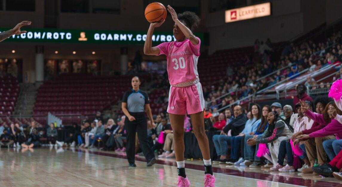 BC’s trio of JoJo Lacey, Taina Mair, and Maria Gakdeng shot a combined seven of 26 from the field. (Chris Ticas / Heights Editor)