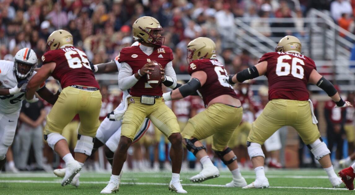 BC quarterback Thomas Castellanos, pictured above, set a program record for must rushing touchdowns by a quarterback with four against Army, and became the nation's leading rusher among all quarterbacks with 500 yards. (Ashton Kao / Heights Staff)