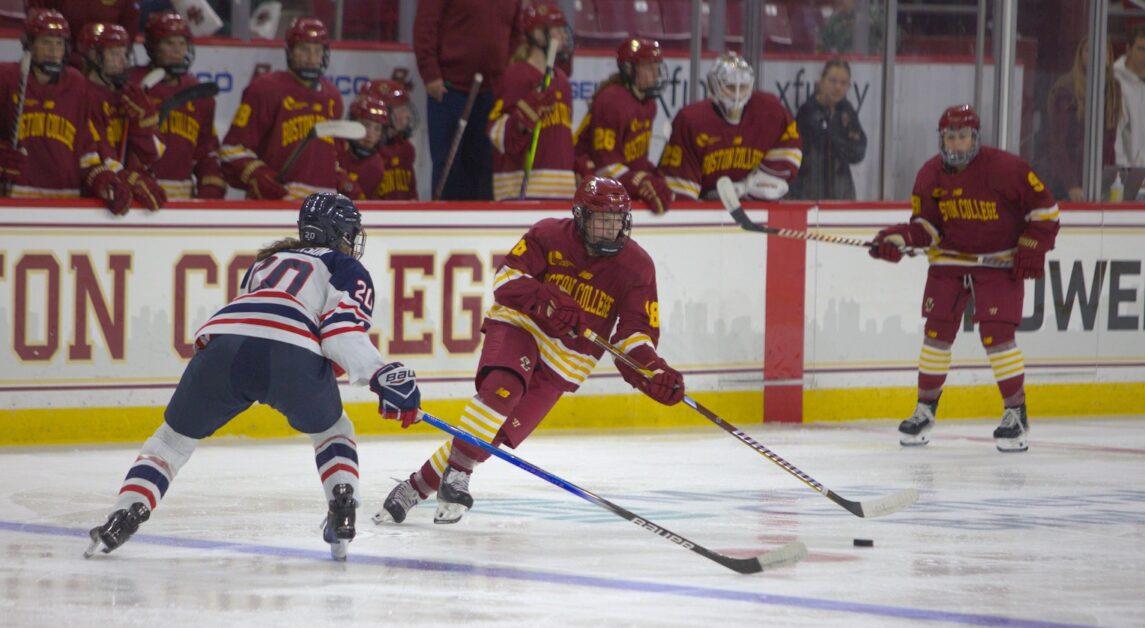Julia Pellerin, pictured above, notched a short-handed goal in the second period for her third point of the two-game series. (Owen Bienen / Heights Staff)