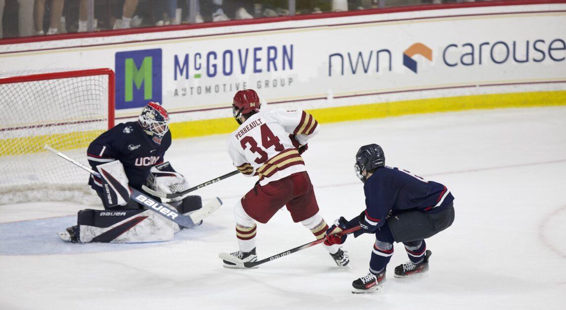 Gabe Perreault, pictured above, tallied BC’s first goal of the game on Saturday. (Owen Bienen / Heights Staff)