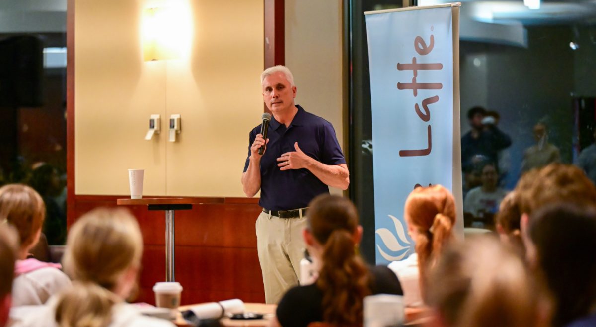 University spokesman Jack Dunn shared stories about faith and forgiveness with students.