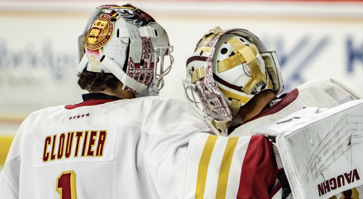 Luka Cloutier, pictured, tallied 18 saves in his BC debut. (Anatoly Guz / Heights Staff)