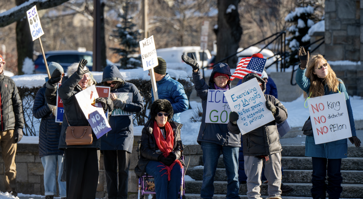Despite the freezing temperatures, large crowds of anti-Trump protesters gathered for a rally on the anniversary of Trump’s second inauguration. (Ellie El-Fishaway / Heights Editor)