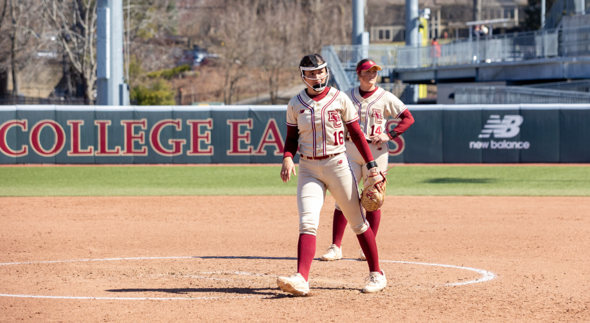 Emma Knight, right, scored Riddell with a sacrifice fly to make it 3–0 BC. (Sydney Amero / Heights Staff)